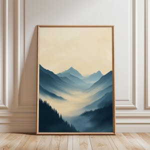 May include: A digital painting of a mountain range with a valley in the foreground. The mountains are a deep blue color and the valley is filled with fog. The sky is a light yellow color.