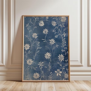 Floral Antique  Pattern Wall Art, Abstract Textile Design, Modern Boho Chic Wall Decor, Blue White Flowers, Instant Download