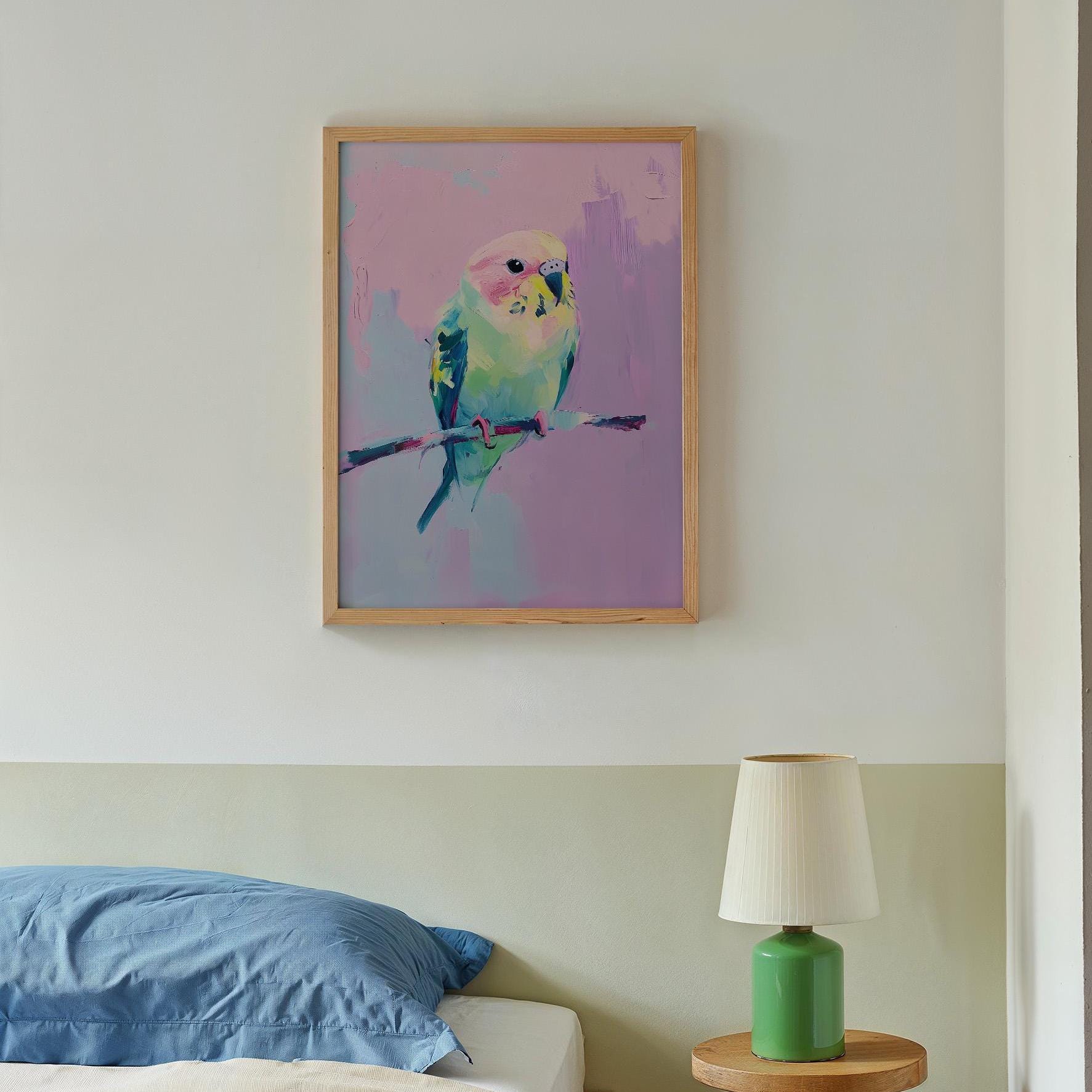 セキセイインコの絵画：カラフルなパステル調の動物プリント（デジタル