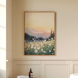 Printable Wildflowers Painting, Nature Landscape Large Wall Artwork, Green Nature Decor, Nordic Forest Wall Art, Instant Download
