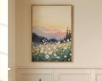 Veldschildering met wilde bloemen: Scandinavische landschapsmuurkunst (digitale download)