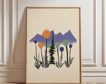Impression d'art minimaliste montagne et paysage floral (téléchargement numérique)