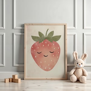 Happy Strawberry Art Print, Fruit Nursery Art, Kids Playroom, Cute Nursery Decor, Printable Wall Art, Instant Digital Download