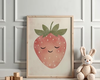 Happy Strawberry Art Print, kunst kinderkamer fruit, kinderspeelkamer, schattig decor kinderkamer, afdrukbare muurkunst, instant digitale download