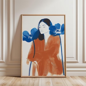 May include: A digital illustration of a woman with closed eyes, wearing a burnt orange dress, with two blue flowers behind her.