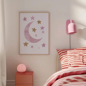Lámina infantil con luna y estrellas, obra de arte bohemia imprimible de género neutro, sala de juegos bohemia, decoración artística, póster infantil moderno de mediados de siglo