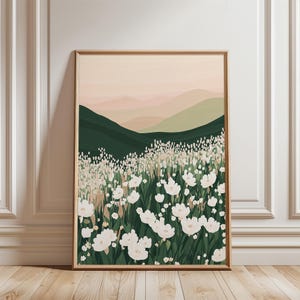 花と山、抽象的な風景の壁アート、中立的な風景のプリント、リビングルームの装飾、山の景色のアート、デジタルダウンロード