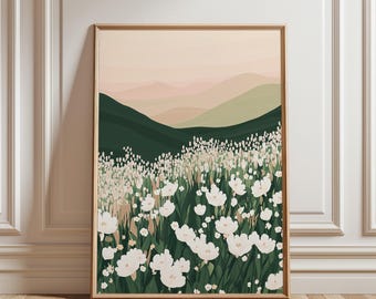 Impression d'art paysage fleurs et montagnes : décoration de salon neutre (téléchargement numérique)