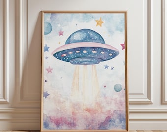 かわいいUFOプリント、宇宙をテーマにした保育園の壁アート、子供部屋の装飾、宇宙をテーマにしたベビーシャワーギフト、UFOの空飛ぶ円盤、デジタルダウンロード