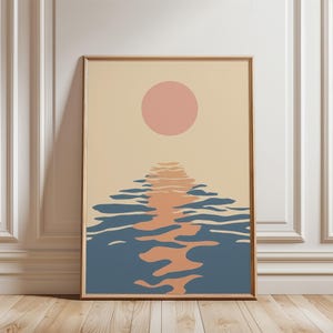 Abstract Sunset Ocean, Geometric Landscape, Sea Print Art, Orange Sun, Sunrise, Poster, Home Decor, Waves Artwork, Wavy, Digital Download