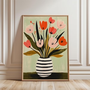 Arte mural botánico abstracto, arte mural floral colorido, jarrón de flores a rayas imprimible, ilustración floral, descarga digital instantánea