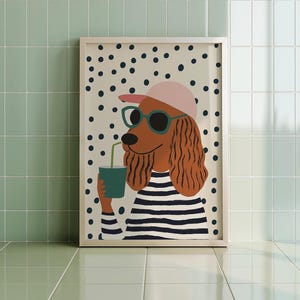 Póster de perro con bebida, ilustración divertida, arte canino, impresión maximalista para guardería, decoración infantil, póster de humor, arte Bauhaus, descarga instantánea