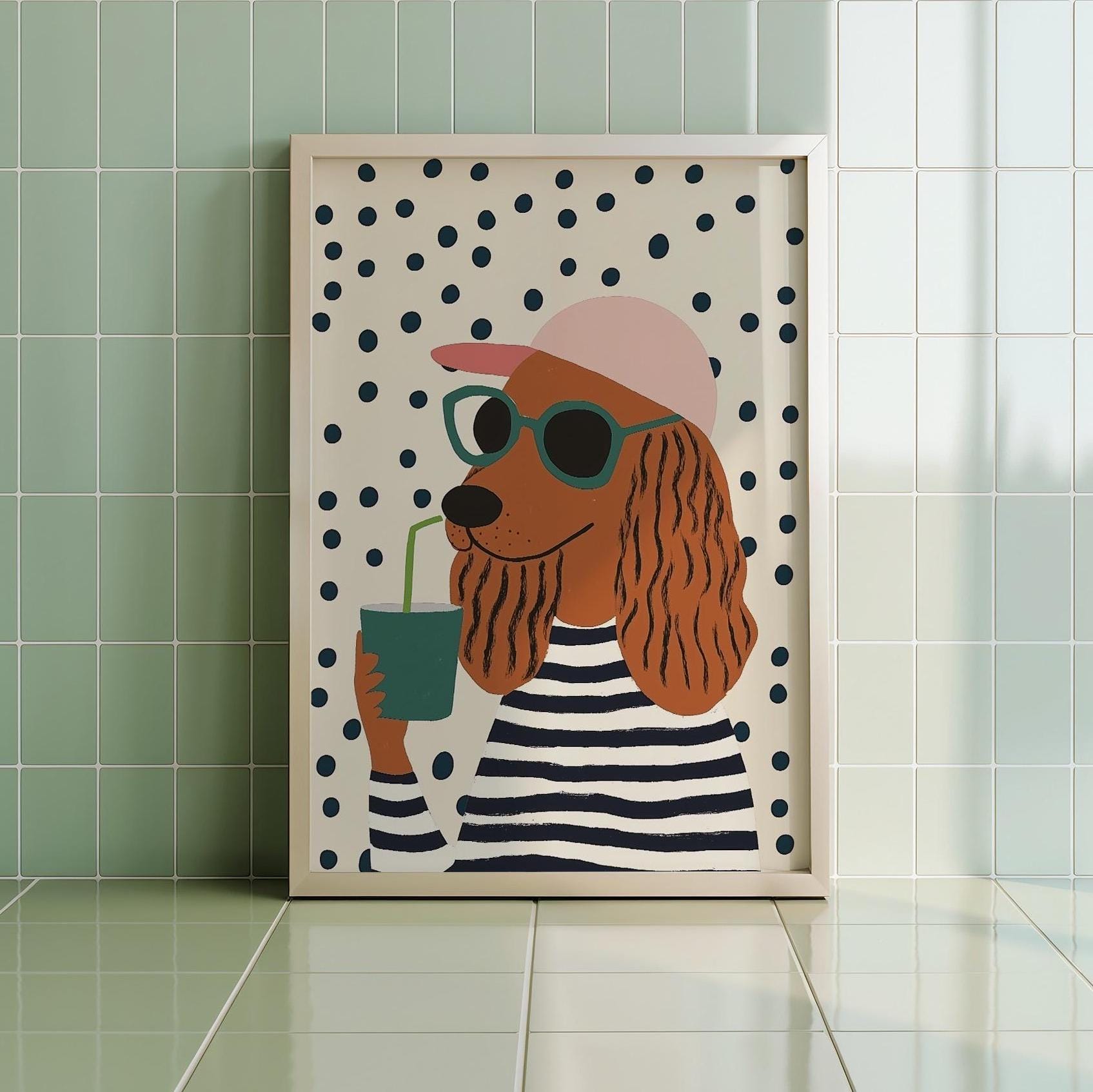 Dog With Drink Poster, Funny Illustration, Dog Art, Maximalist