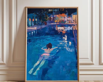Swimming Woman Print, Swimming Pool Artwork Printable, Summer Night Decor, Woman Swimmer Decor, Trendy Pool House Art, Digital Download