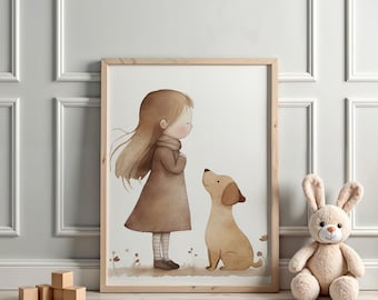 May include: A framed watercolor print featuring a girl and a dog. The girl is wearing a brown coat and looking down at the dog. The dog is light brown and looking up at the girl. A stuffed bunny and wooden blocks are also in the image.