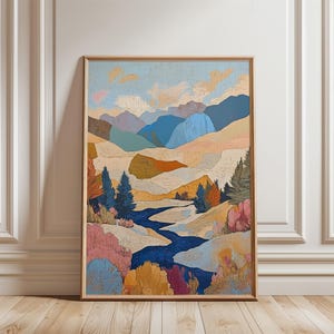 May include: Abstract landscape painting featuring a blue river meandering through a valley with brown, yellow, and green hills. The sky is blue with white clouds.