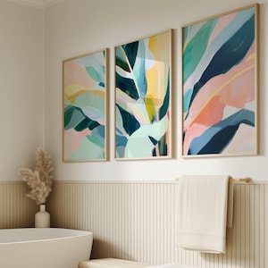 3er Set, Blätter Malerei Wand Kunst Print, Sommer Poster, Grüne Pastell Moderne Tropische Küsten Malerei, druckbare Kunst, digitaler Download