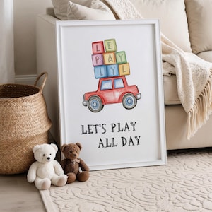 Play All Day Poster, Playroom Decor, Nursery Prints, Printable Wall Art, Playroom Sign, Kids Room Car Decor, Play Print, Digital Download