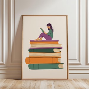 Girl Reading Books, Reading Corner Art, Kids Room Art, Kids Reading Prints, Children Educational Reading, Homeschool Decor, Digital Download