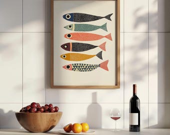 Retro Bunter Fisch Druck Sardinen Wandkunst Digitaldruck Fische Kunstdruck Vintage Küche Kunstdruck Spaß Minimalistisch Fischmarkt Kunst