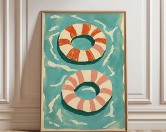 Pool Ring Print, Minimalist Summer Wall Art, Beach House Decor, Cute Swimming Pool Decor, Instant Digital Download Art