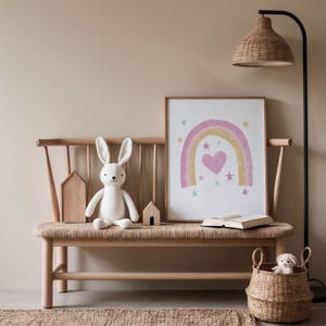 Lámina de arte infantil con corazón y arcoíris, obra de arte boho imprimible de género neutro, sala de juegos bohemia, decoración artística, póster infantil moderno de mediados de siglo