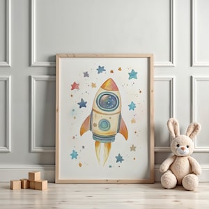 Cute Space Rocket Print, Space Nursery Wall Art, Kids Room Decor, Outer Space Baby Shower Gift, Space Rocket Ship, Instant Digital Download