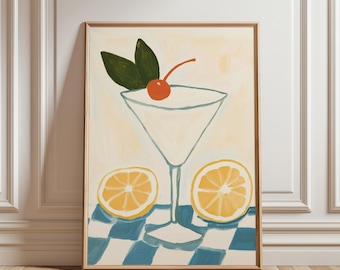 Lemon Cocktail Bar Cart Print, Retro Dinner Table Print, Drinks Illustrations Poster, Maximalist Kitchen Gallery Wall Art, Apartment Decor