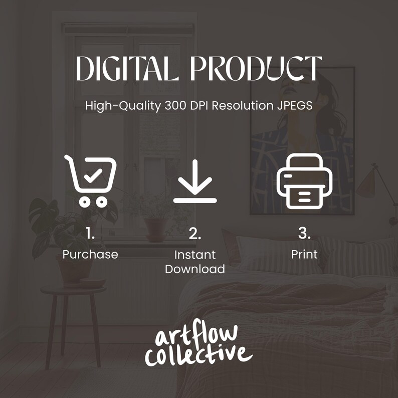 May include: A digital product illustration showing a shopping cart, a download arrow, and a printer. The text reads "DIGITAL PRODUCT", "High-Quality 300 DPI Resolution JPEGS", "1. Purchase", "2. Instant Download", "3. Print", and "artflow collective".