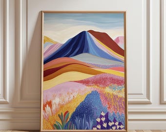 Impresión artística abstracta de montaña colorida: paisaje floral (descarga digital)