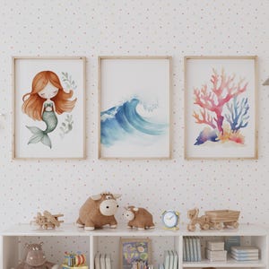 Set of 3, Mermaid Nursery Prints, Mermaid Wall Art, Ocean Waves, Girls Room Wall Decor, Under the Sea, Coral Nursery Decor, Digital Download