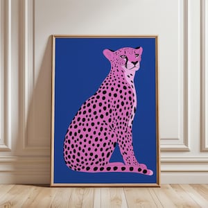 Impressão de arte de chita rosa em azul, arte moderna azul cobalto, impressão de arte animal, arte contemporânea para casa de estilo maximalista, download instantâneo