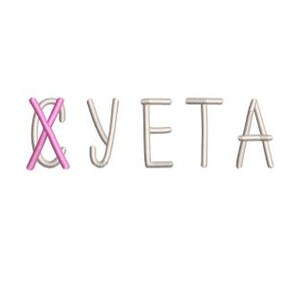 Pode incluir: A palavra "CYETA" é escrita em letras prateadas, com o "C" riscado em rosa.