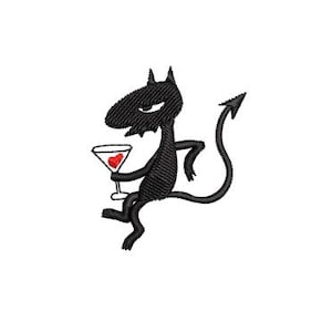 May include: Black and white cartoon illustration of a devil holding a martini glass with a red heart in it.