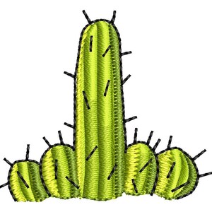 May include: A group of five green and yellow cacti with black outlines and spines. The cacti are arranged in a row, with the tallest cactus in the center.