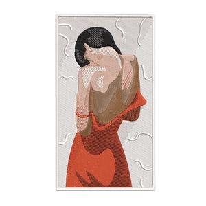 Pode incluir: Patch bordado com uma figura estilizada em um vestido vermelho, vista por trás. A figura tem cabelo preto e uma pulseira vermelha. O fundo é branco com um padrão texturizado.