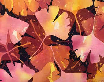 Pink Gingko, Original Watercolor