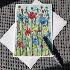 Bloemenwenskaart | Bloemenkaart | Mixed media-kaart | Blanco binnenkant | Verjaardag | Moederdagkaart | Kunstkaart | Geïllustreerde kaart | Natuur