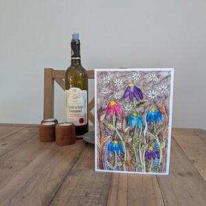 Cartão de felicitações A5 em branco | Cartão floral | Cartão de mídia mista | Interior em branco | Aniversário | Cartão de Dia das Mães | Cartão de arte | Equinácea e margarida