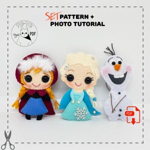 Könnte beinhalten: Filzpuppen-Set mit Charakteren aus einem beliebten Animationsfilm. Das Set enthält Anna, Elsa und Olaf, jeweils mit unverwechselbaren Merkmalen und Farben. Das Bild enthält den Text "SET PATTERN + PHOTO TUTORIAL" und ein Logo.