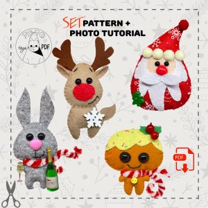 May include: A set of four felt Christmas ornaments: a reindeer, Santa Claus, a bunny, and a gingerbread person. The reindeer has brown antlers and a red nose. The Santa has a white beard and a red hat. The bunny has a red and white scarf. The gingerbread person has a yellow head.