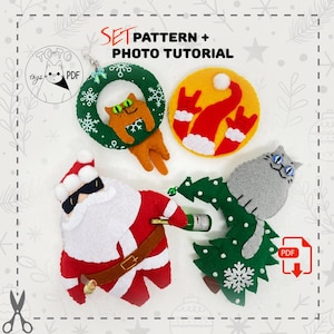 May include: A set of handmade felt Christmas ornaments, including a cat in a wreath, a Santa Claus with sunglasses, a hand gesture, and a cat on a Christmas tree. The ornaments are red, green, yellow, and gray. The text "SET PATTERN + PHOTO TUTORIAL" is visible.