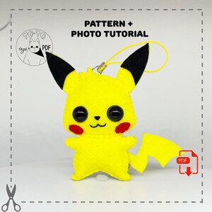 May include: A yellow felt Pikachu keychain with black ears and a tail. The keychain has black eyes and red cheeks. The image includes the text "PATTERN + PHOTO TUTORIAL" and "PDF".