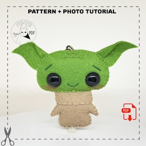 Cute green baby alien monster felt pattern. Keychain sewing pattern, felted tutorial gift.