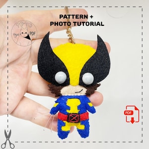 May include: A handmade Wolverine keychain made of felt. The keychain features a yellow and black head with white eyes, a blue and yellow body, and silver claws. The text "PATTERN + PHOTO TUTORIAL" is visible.