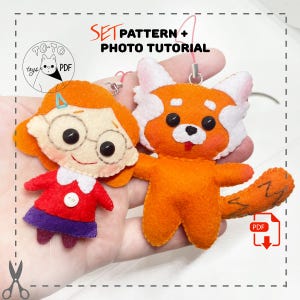 May include: Two felt character ornaments, one with glasses and a red dress, the other a red panda. The ornaments are handmade and have black button eyes. The image includes the text "SET PATTERN + PHOTO TUTORIAL" and a logo.