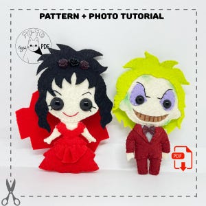 May include: Felt dolls of two characters, one with black hair and a red dress, the other with green hair and a red suit. The dolls are handmade and based on a movie theme. The image includes the text "PATTERN + PHOTO TUTORIAL".