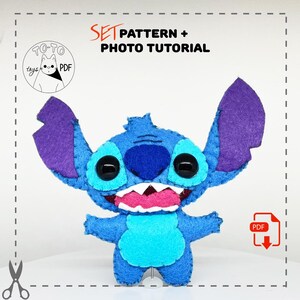 May include: A handmade blue felt Stitch plush toy with large black eyes, purple ears, and a pink mouth. The image includes text that says "SET PATTERN + PHOTO TUTORIAL" and a logo with a dog and the word "PDF".