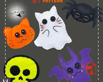 Halloween felt pattern set. Pumpkin, Ghost, Bat, Spider & Skull. PDF Sewing Set