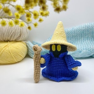 Black mage amigurumi pattern. Crochet doll kawaii anime pattern. Wizard for gamer